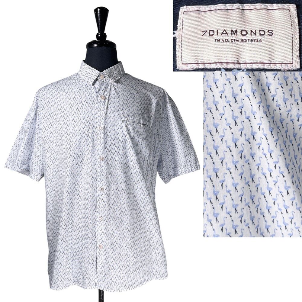 7 Diamonds Mens 2XL Blue White Flamingo Print Button Down Cotton Camp Shirt